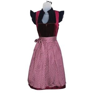 New Large Oktoberfest Red Burgundy Velvet Dirndl Dress Bavarian German Festival